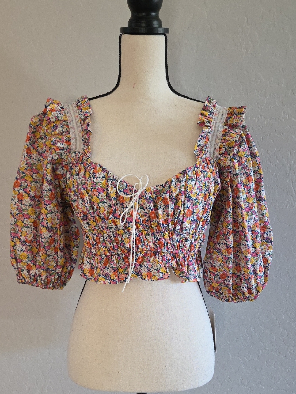 For Love & Lemons Floral Ruffled Smocked Crop Top Size XL NWOT